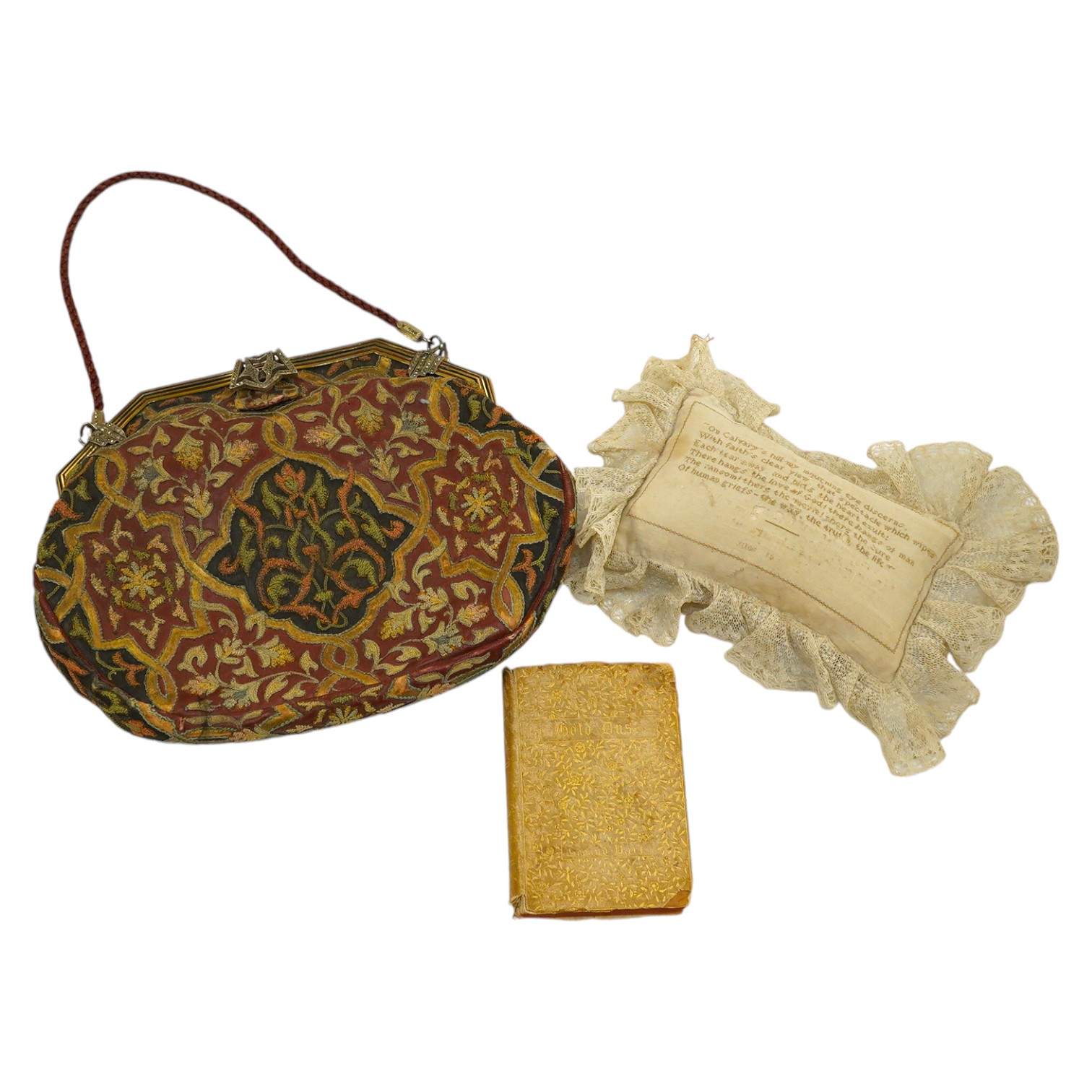 A Finnigans of London leather silk embroidered evening bag, a silk embroidered pin cushion and a small book ‘Gold Dust’, bag 16cm wide. Condition - all used